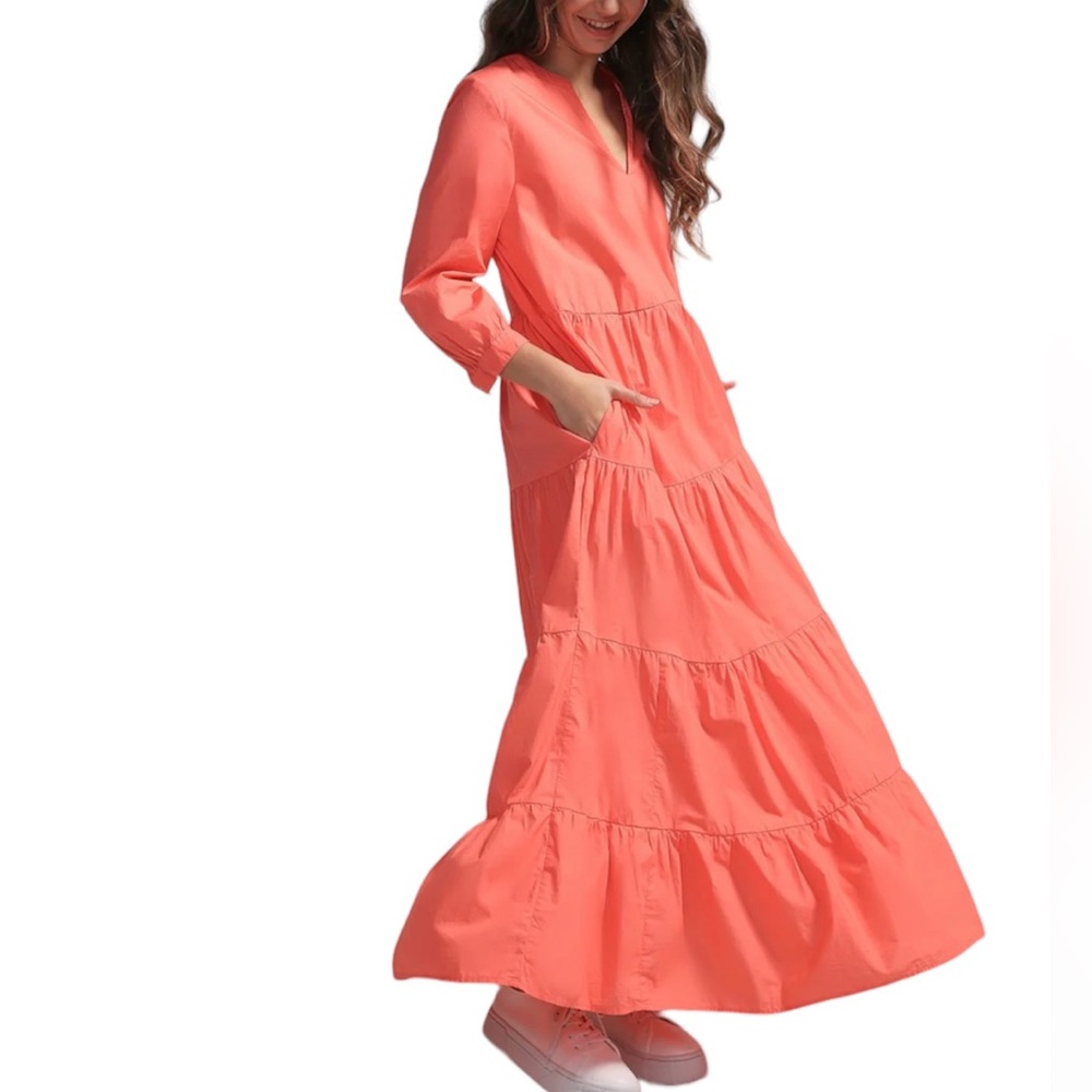 Gap • Bright Coral Tiered Maxi Dress 3/4 Length Sleeve V Neck Fits Size Small